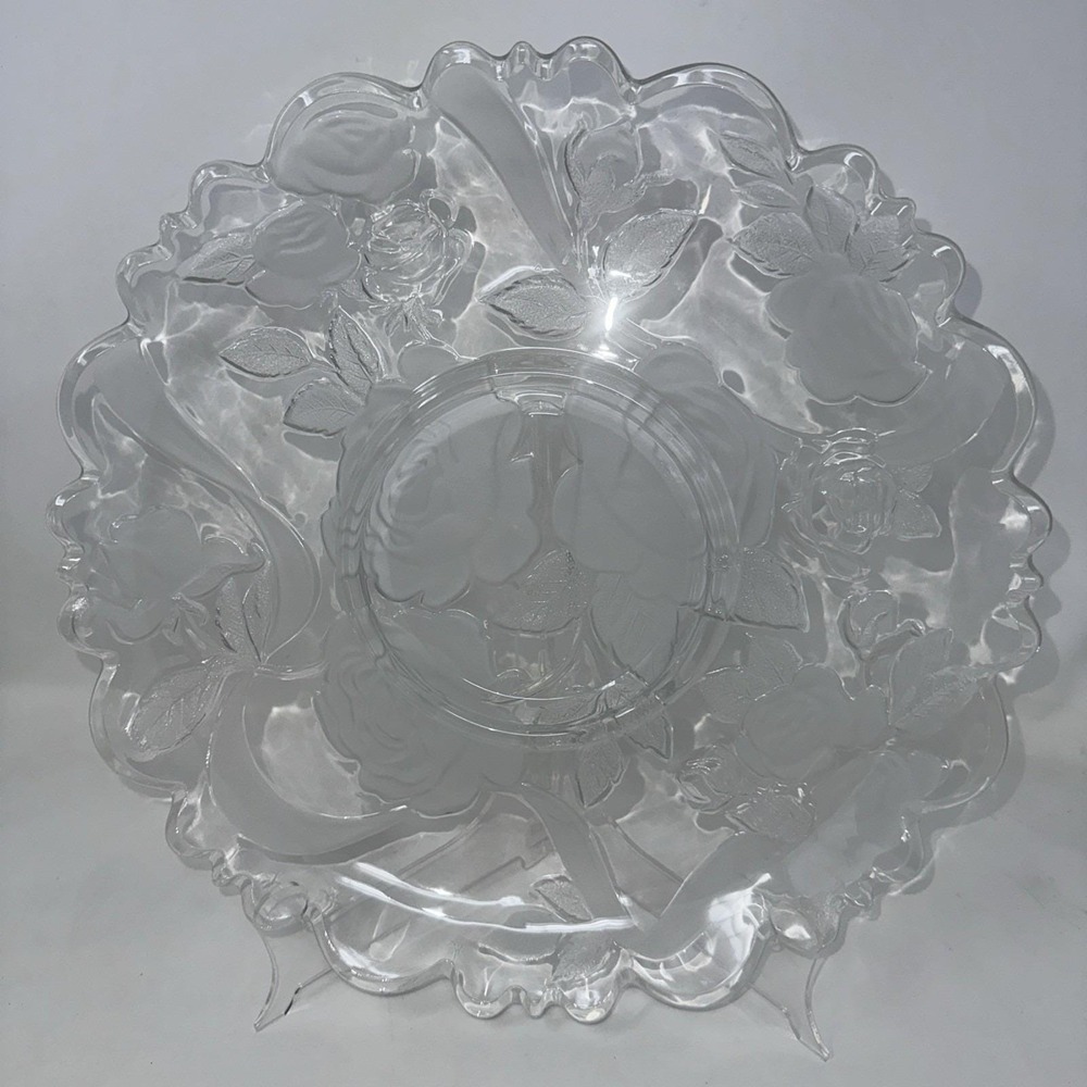 Vintage Rose Garden 14in Chip & Dip Laura Glass Frosted Roses Scalloped Tray